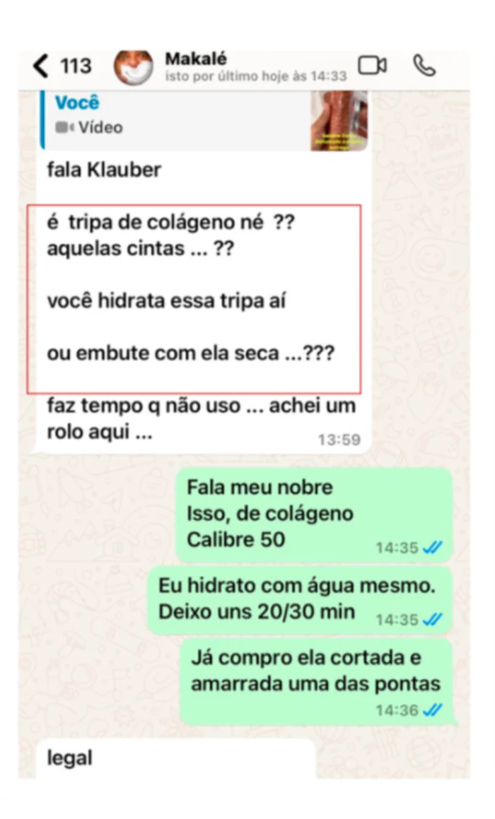 Conversa de WhatsApp sobre tripa de colágeno
