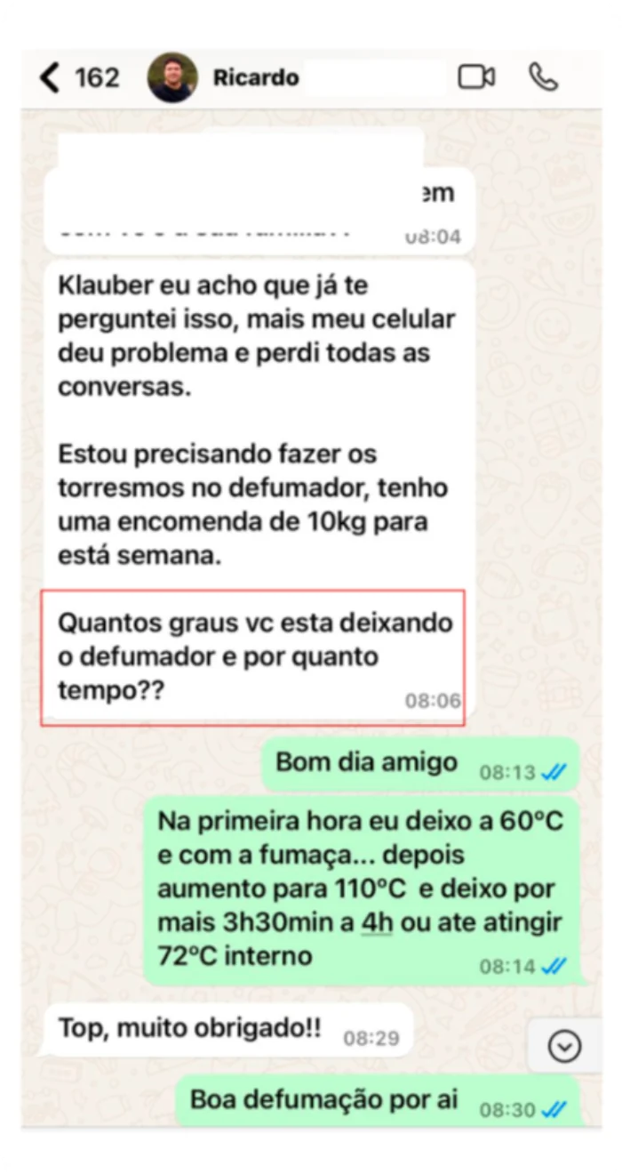 Conversa de WhatsApp com o Ricardo sobre temperatura de defumação do torresmo