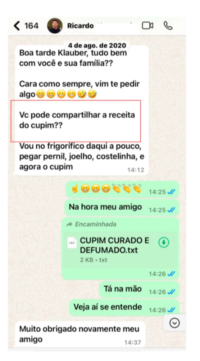 Conversa de WhatsApp com o Ricardo, pedindo a receita do cupim